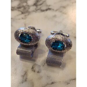 Vintage Silver Tone Mesh Cufflinks With Blue Oval Gemstones